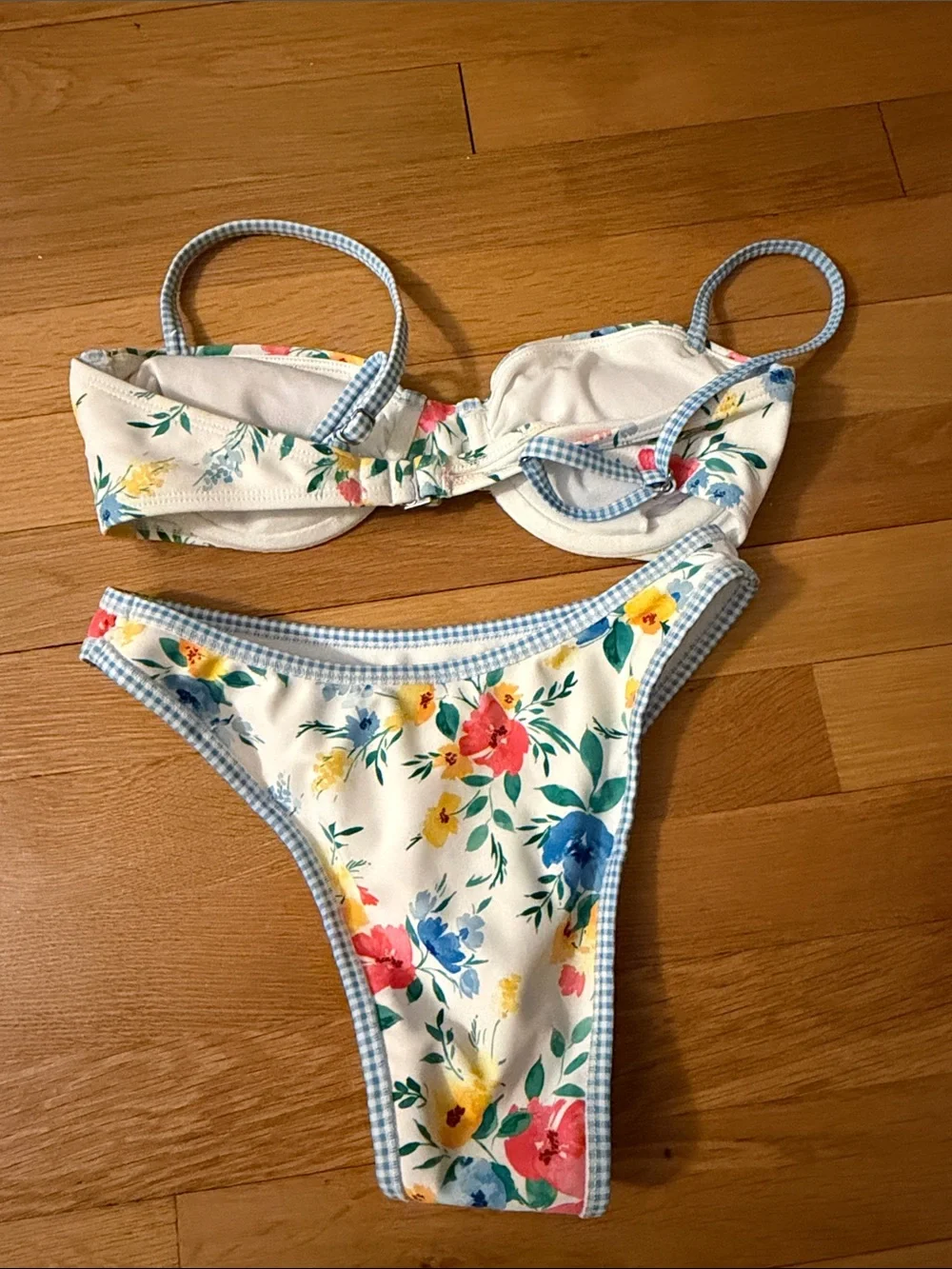 wild fable White Floral Bikini Top with Blue Gingham Trim